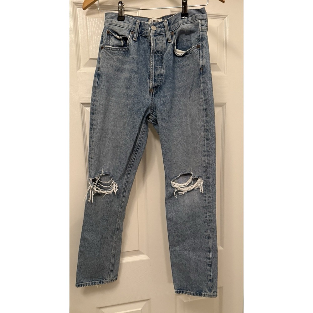 AGOLDE Jeans Women 25 Blue Distressed High Rise Straight Leg Button Fly Denim